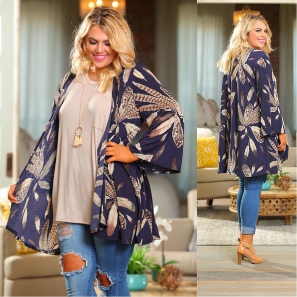 PLUS Navy Boho Feather Print Kimono - Picture 4 of 4